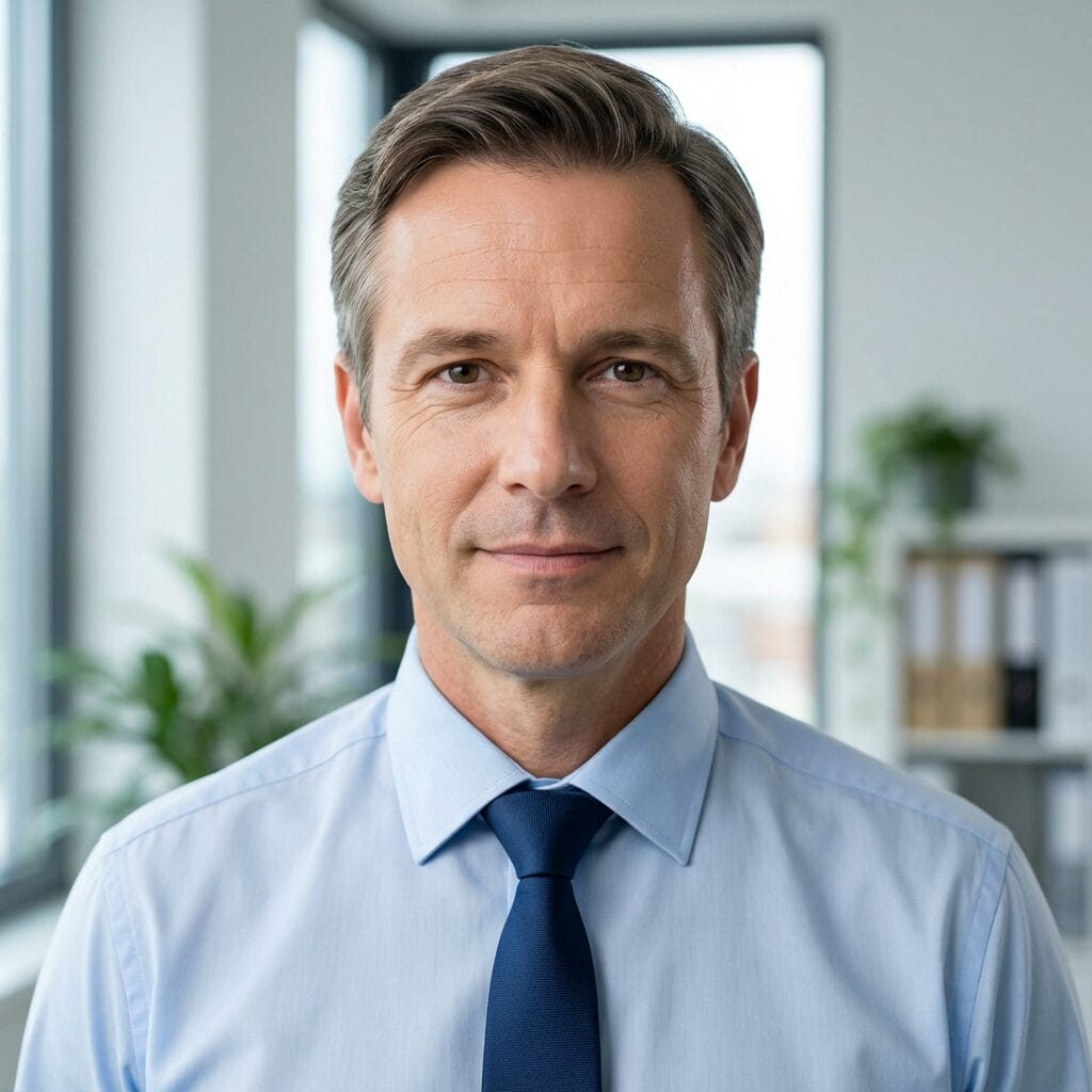 Mann im Büro mit blauer Krawatte